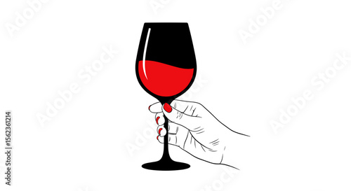 Hand with red manicure holding red wine glass on white background
