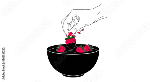 Hand picking fresh strawberries from black bowl on white background