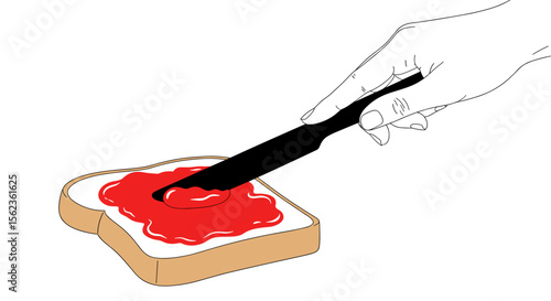 Hand spreading red jam on slice of bread with black knife on white background