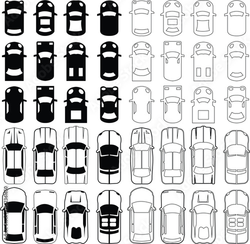 Cars icon set from above, top view isolated. Modern urban civilian vehicle. View from bird's eye. Realistic design. Flat style vector. traffic, automobile transportation. Transport service concept.
