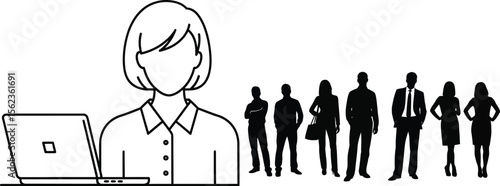 Business team working online on laptop vector illustration silhouette art