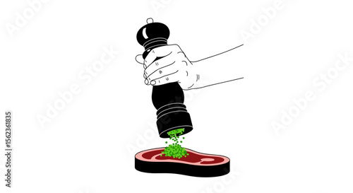 Hand seasoning steak with pepper shaker on white background