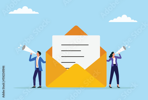 Vector illustration of two business people announcing important information through megaphones beside a large open envelope, symbolizing communication, messaging, and information delivery
