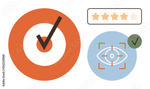 Target with checkmark, focused eye with tracking area, and five-star rating. Ideal for goals, success, performance, accuracy, vision quality assurance progress. Simple flat metaphor