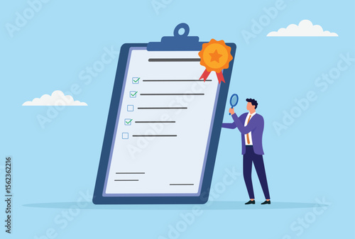 Vector illustration of a businessman analyzing a large document with a quality badge through a magnifying glass, symbolizing quality control, inspection, and detailed evaluation
