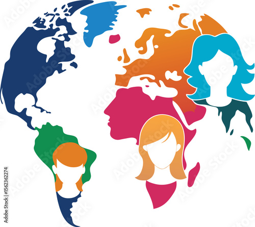 A colorful vector illustration representing global diversity and demographics, with various human profiles set against a world map, symbolizing the concept of World Population Day,

