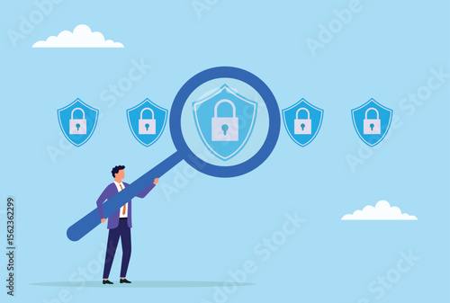 Vector illustration of a businessman analyzing a security lock through a large magnifying glass, representing thorough security inspection, risk analysis, and safeguarding assets
