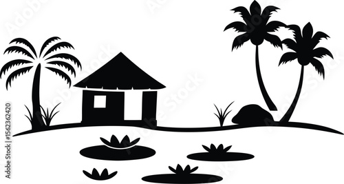 Silhouette of Tropical Village with Palm Trees and Hut near Pond