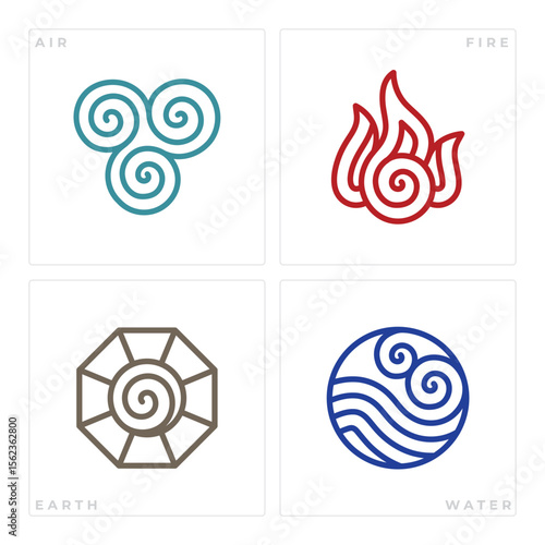 Minimal line icons of four classical elements: air, fire, earth, and water. Clean vector symbols in spiral geometric style, ideal for spiritual design, tattoo concepts, esoteric art, or branding.