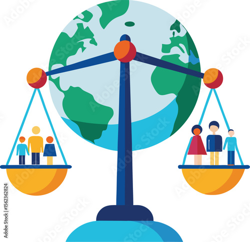Equal Distribution of Resources on World Population Day: Diverse People and Global Earth on a Balance Scale Representing Equity and Justice Vector Illustration.

