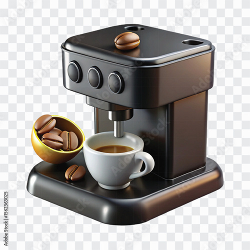 3D Black Espresso Machine Icon | Coffee Maker with Cup and Beans Symbol
