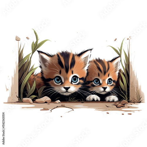 Cute domestic tabby kitten with green eyes in grass, a tiny feline predator in nature, like a cat and mouse