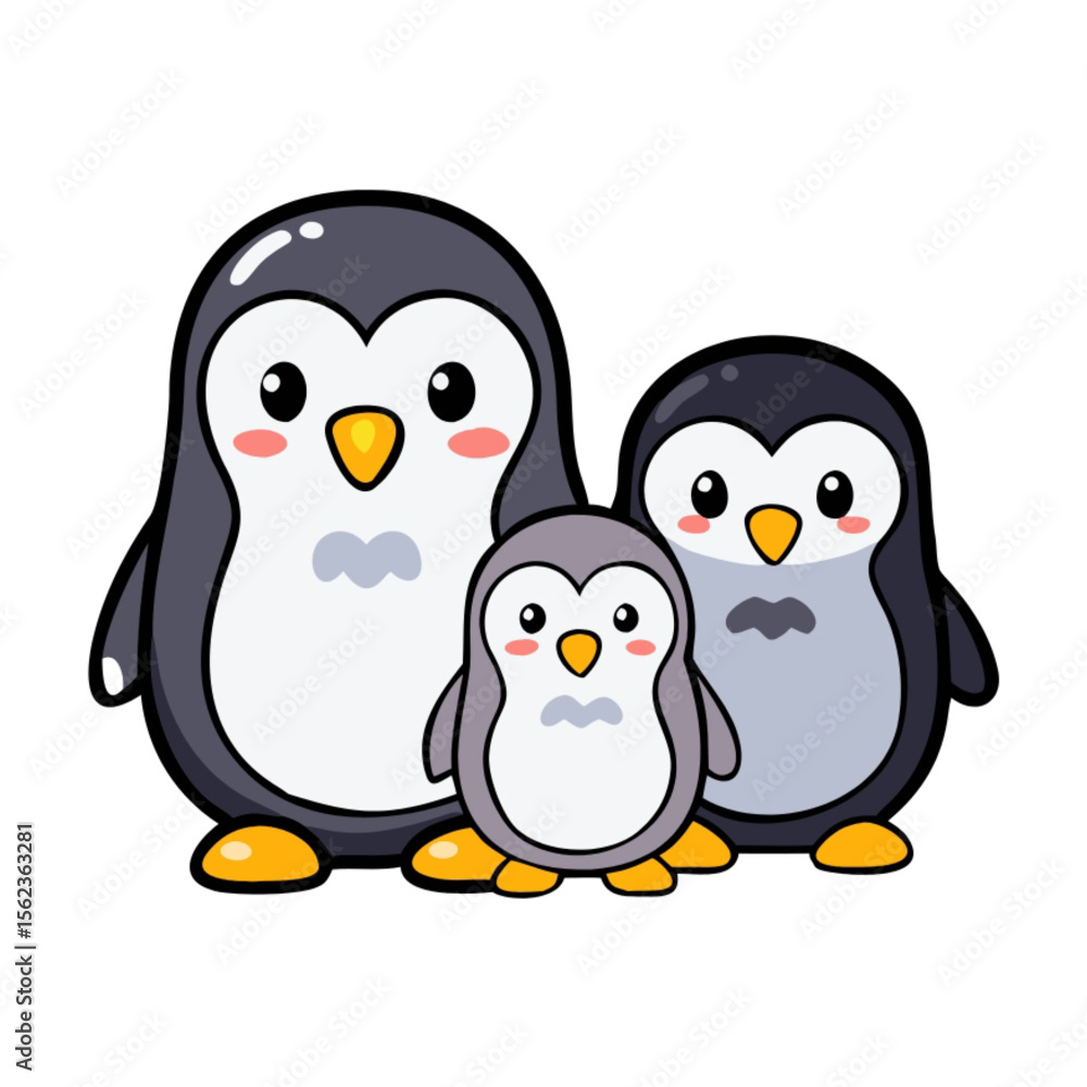 Fototapeta premium Cute cartoon penguins, a loving couple on a snowy winter branch, captured in a joyful vector illustration
