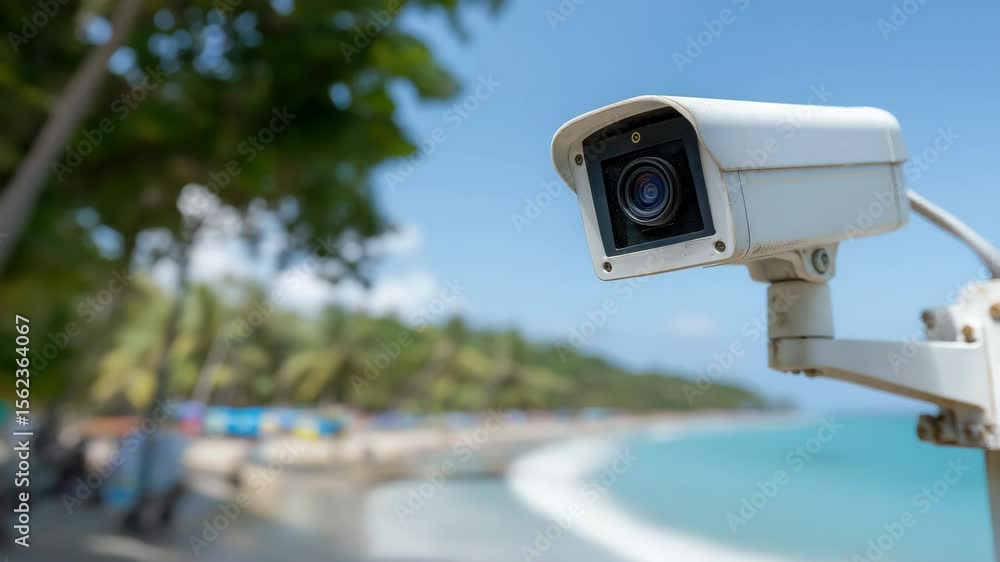 Security camera overlooking tropical beach daytime surveillance scene Security camera overlooking tropical beach daytime surveillance scene