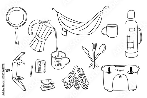 Camping gear and essentials hand drawn in black outline style, including cookware, hammock, and outdoor tools. Concept of adventure, outdoor lifestyle, and camping preparation