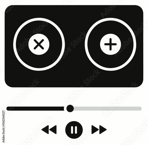 
A sleek vector image featuring media player controls: a dark background with two circles (cross and plus icons), a slider, and transport buttons (rewind, pause, fast forward).