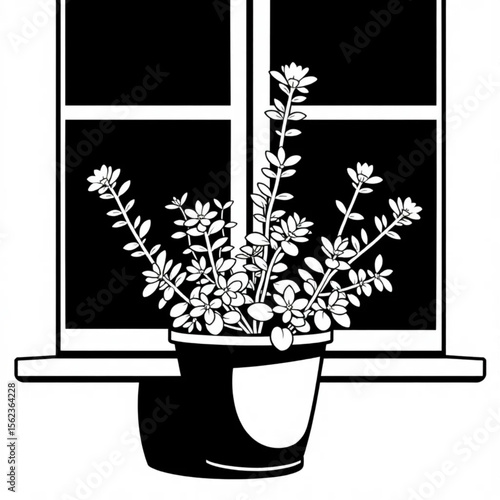 A potted thyme plant on a windowsill