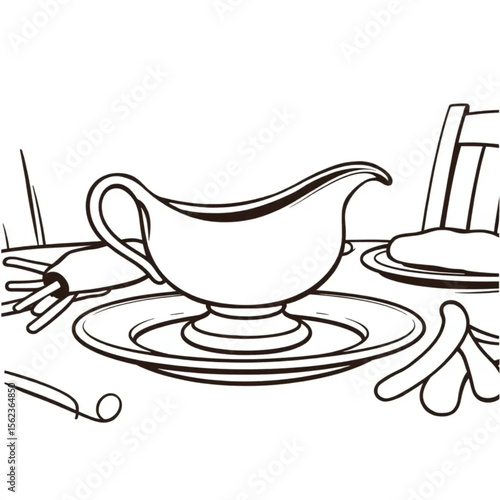 A ceramic gravy boat on a roast dinner table