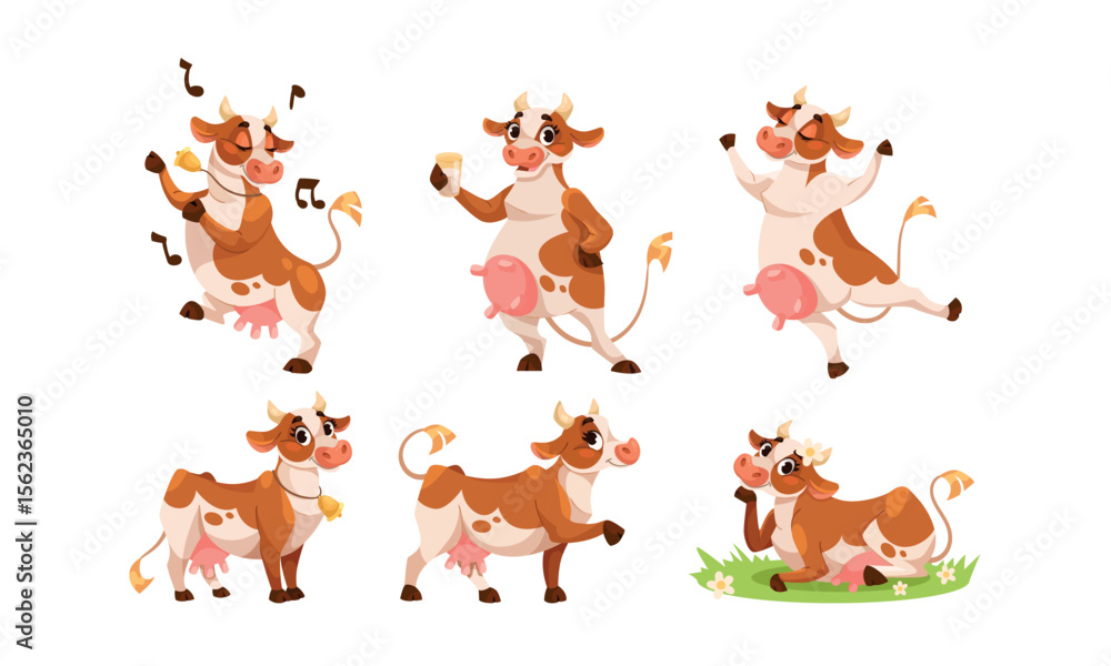 Naklejka premium Playful Cartoon Cows Displaying Various Charming Poses for Amusement and Joyful Fun
