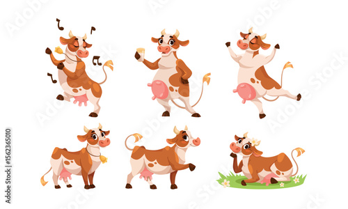 Playful Cartoon Cows Displaying Various Charming Poses for Amusement and Joyful Fun