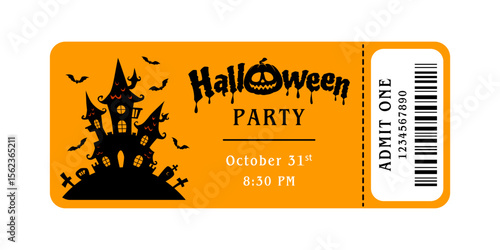 Halloween party ticket. Vector template for admission pass or invitation. Coupon with ghosts castle and bats