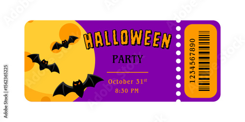 Halloween party ticket. Vector template for admission pass or invitation. Coupon with moon and bats