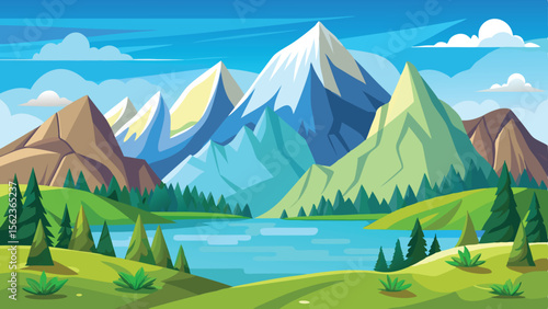 Cartoon Mountain Landscape with Lake, Trees, and Cloudy Sky Illustration