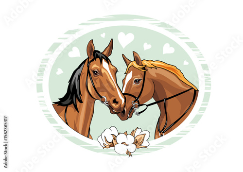 Portrait of two loving horses in a frame with blooming cotton