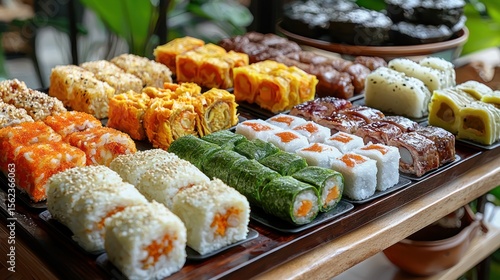 Colorful sushi platter, restaurant buffet, greenery background, food photography