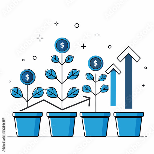 Financial Investment Growth and Wealth Accumulation with Growing Money Plants and Upward Trend Chart Vector Illustration

