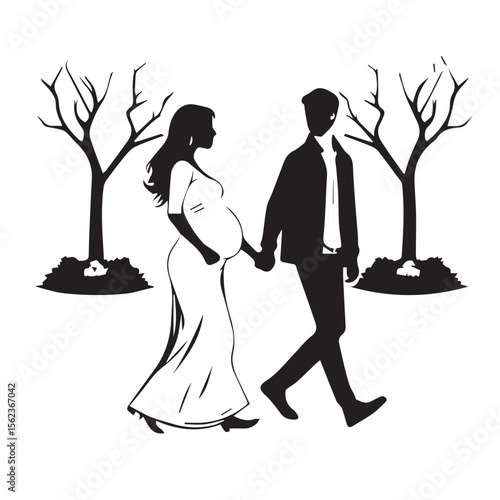 Pregnant woman and man holding hands walking together silhouetted against trees