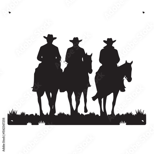 Three cowboys on horseback silhouetted against a white background with grass