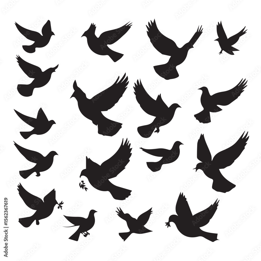 Obraz premium Collection of black silhouettes of flying doves and birds on a white background