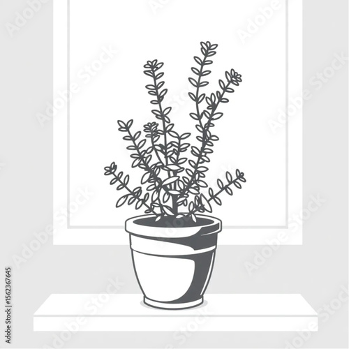 A potted thyme plant on a windowsill