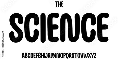 Science education font, futuristic cartoon funky alphabet for scientific stem headline, childish educational logo, children book typography, fun joyful typographic design. Modern vector typeset