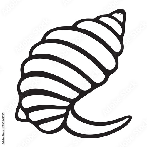 Stylized black and white outline drawing of a spiral seashell