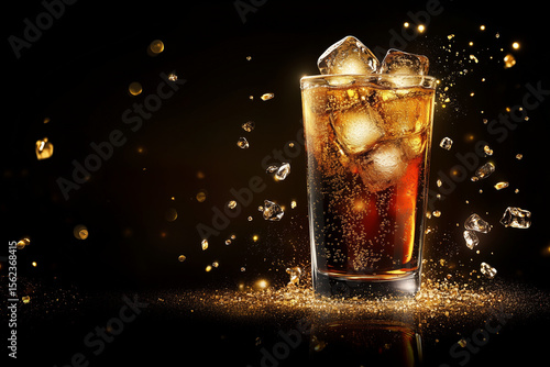 Glass of cold cola with ice cubes refreshing beverage isolated on white background