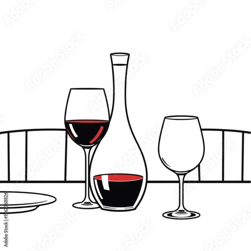 A glass decanter of red wine on a dining table