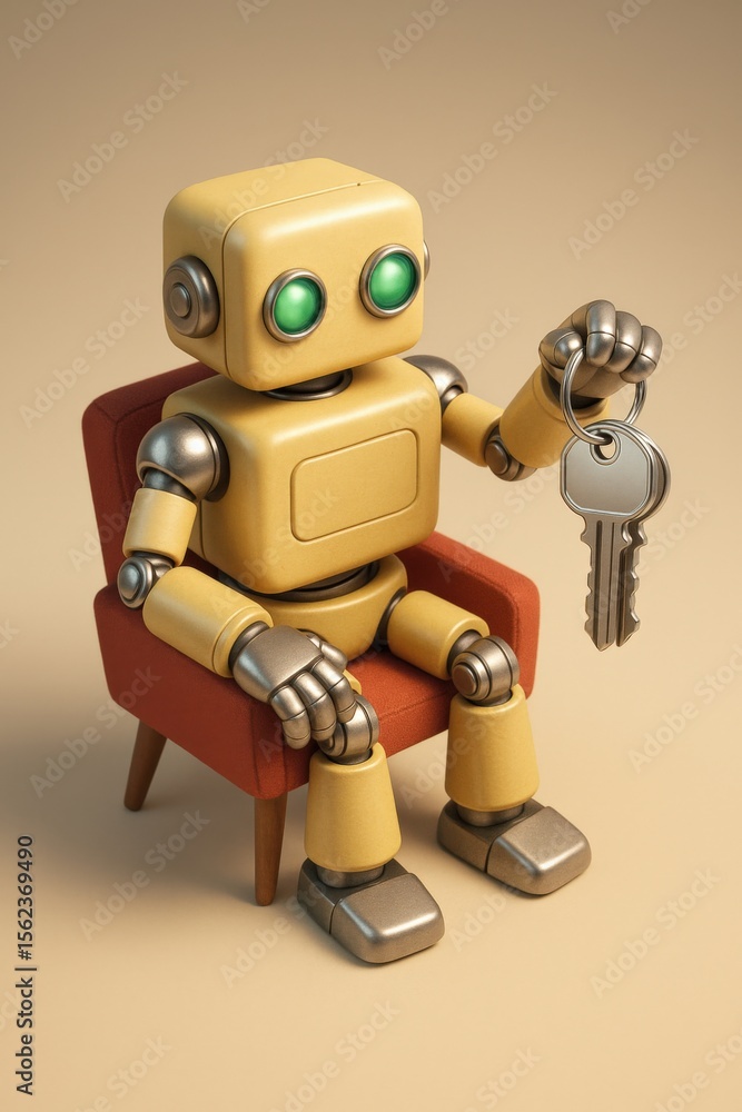 Naklejka premium Robot in armchair holding keys with green eyes and simple design on beige background