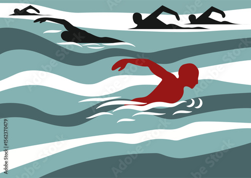 A man swimming in a stylized competitive race, as a red silhouette confronting black silhouettes. Concept of individual speed, determination and overcoming opponents.