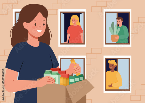 Woman volunteer holding a box with food and supplies for donation. People look out windows in a building. Concept of community support, charity, and social aid for neighbor.