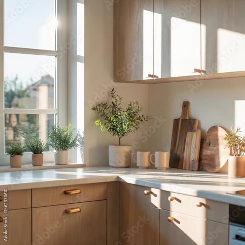 Modern Minimalist Kitchen Interior with Natural Light and Wooden Decor
