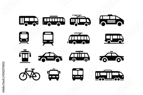 Black transportation icons including buses trains cars and bicycle trolleybus tram