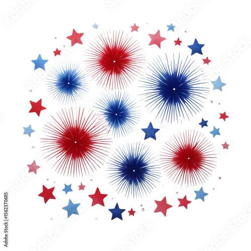 Red and blue abstract firework burst with scattered stars.