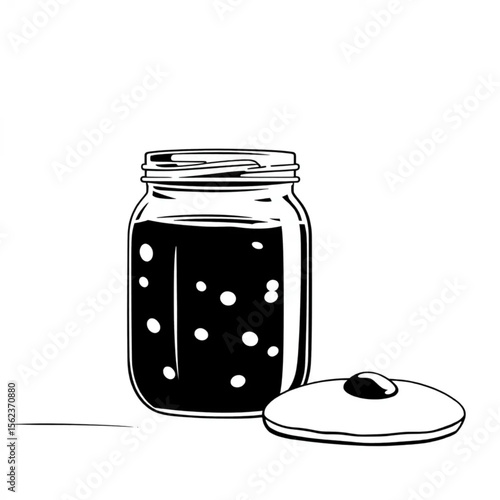 A glass jar of homemade jam on a breakfast table