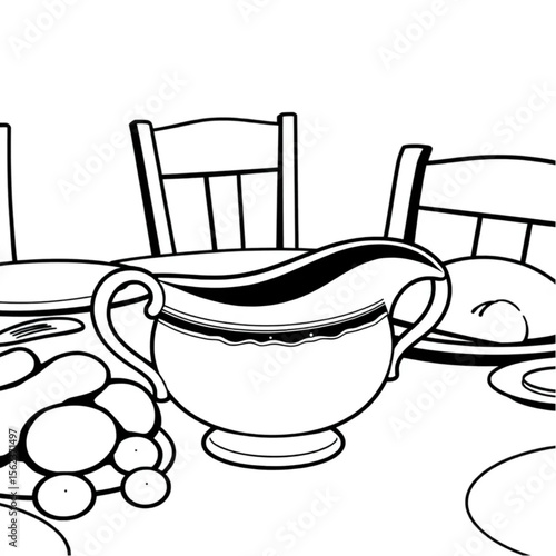 A ceramic gravy boat on a roast dinner table