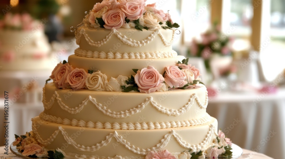 Fototapeta premium Elegant tiered wedding cake adorned with roses
