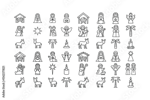 Nativity scene figures and symbols outline icons christmas jesus