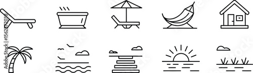 Beach and Relaxation Icon Set Featuring Sunbed, Hammock, Pool, Beach House, and Tropical Vacation Elements