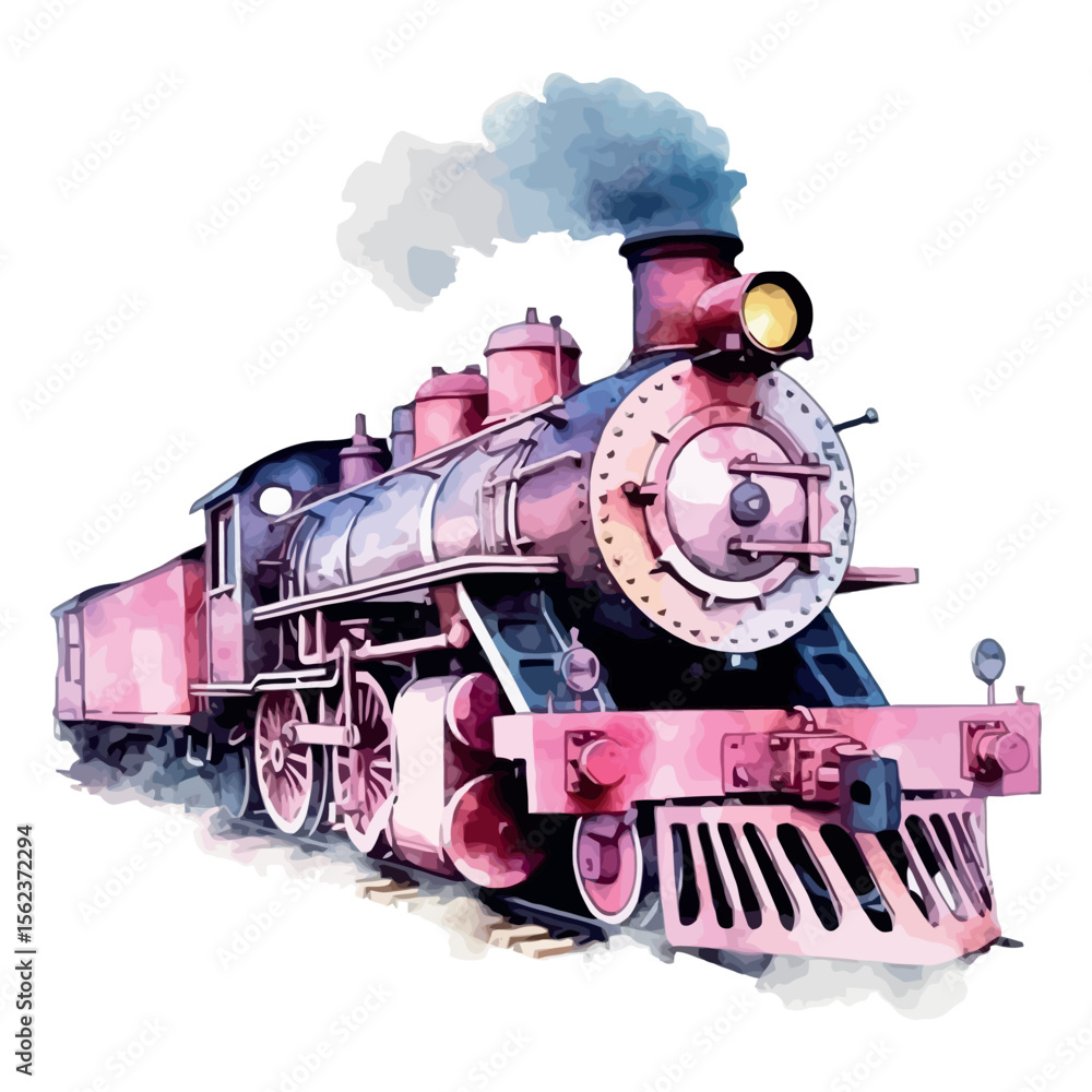 Fototapeta premium A vintage steam locomotive travels through a forest, its iron engine on the railway track